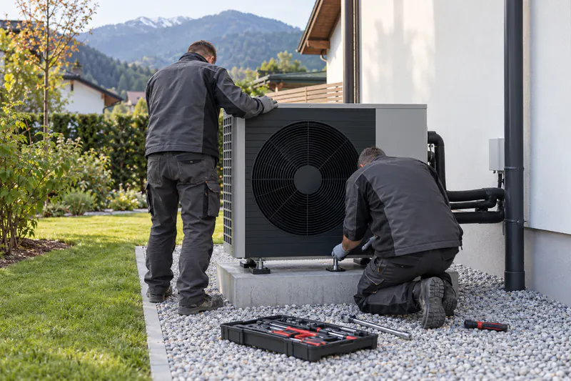 Installateur beim Einbau einer Wärmepumpe im Heizraum, Teil der Gesamtkosten